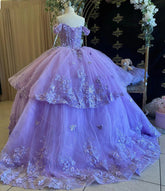 Off-Shoulder Ball Gown Tiered Purple Tulle Quinceanera Dress with 3D Butterfly Appliques for Sweet 16